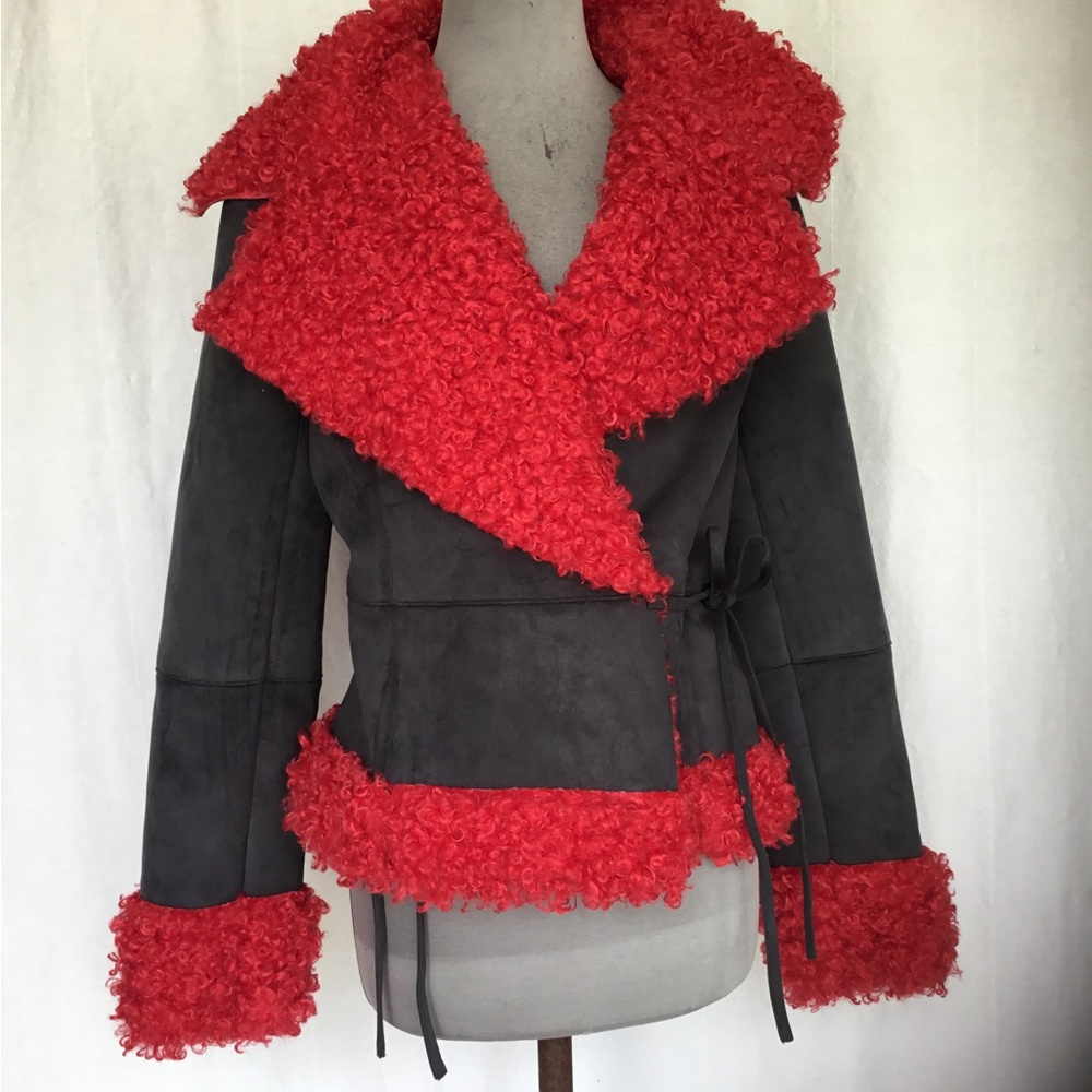 Faux Suede Grey Jacket with Red Shearling-Style Trim – NEW
